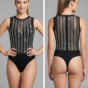 Black Mesh Rhinestone Bodysuit Top